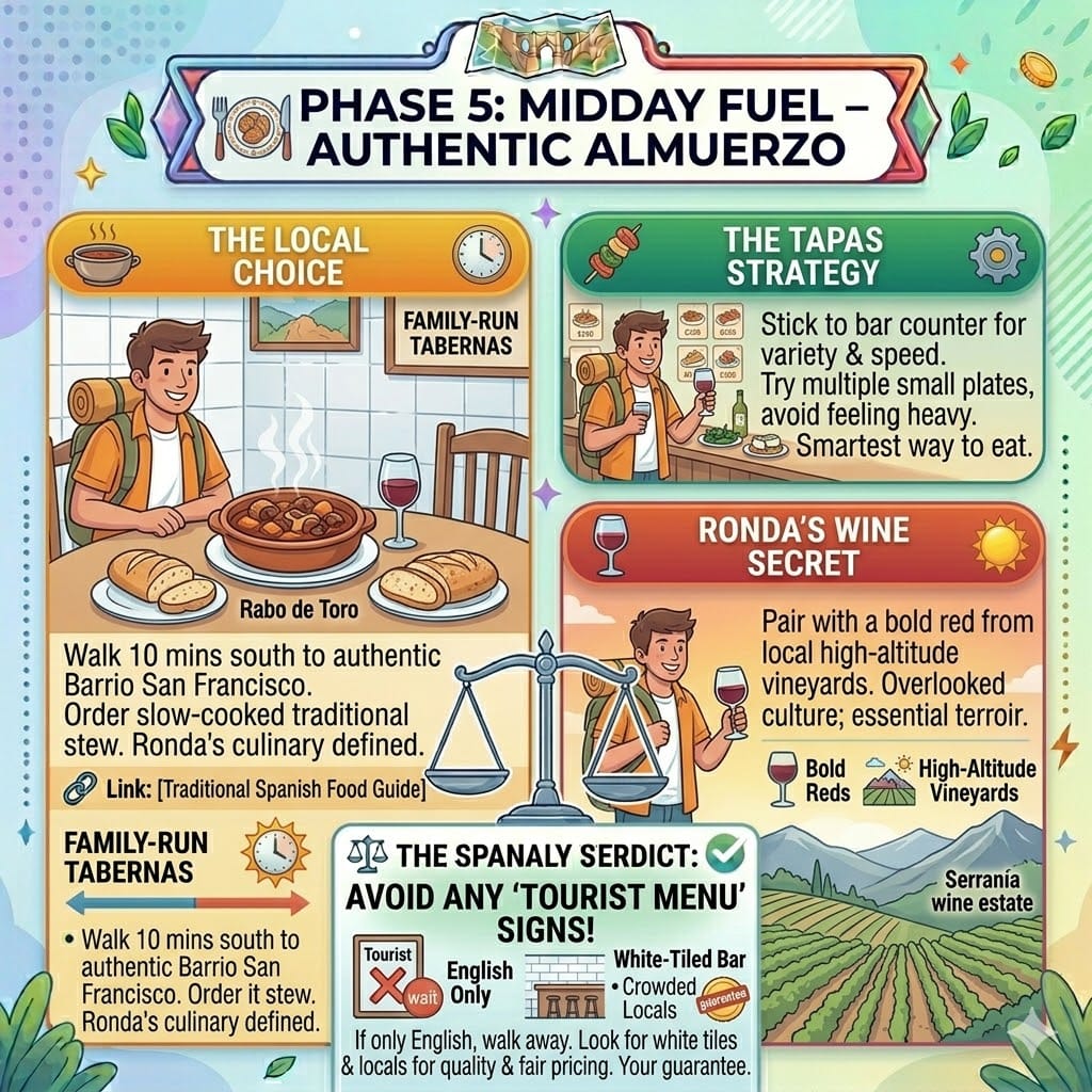 Tactical food infographic for Ronda showing the best local dishes like Rabo de Toro, Serranía wine, and tips to avoid tourist menus in Barrio San Francisco.