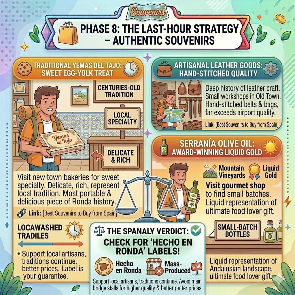 Tactical shopping infographic for Ronda featuring authentic leather goods, traditional Yemas del Tajo sweets, and premium Serranía olive oil tips.