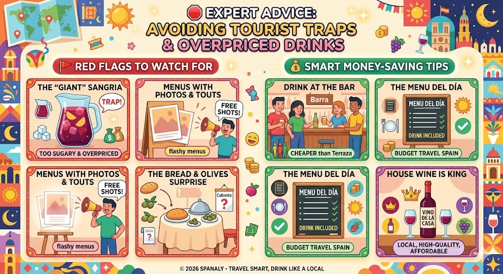 A colorful infographic by Spanaly titled Expert Advice: Avoiding Tourist Traps & Overpriced Drinks, showing red flags like giant sangria and menus with photos, plus money-saving tips like drinking at the bar.