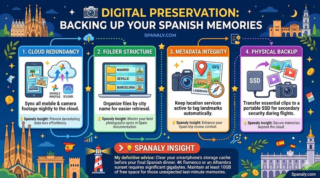A colorful square infographic detailing four professional digital backup steps: cloud redundancy via Google Photos, city-based folder structure, GPS metadata integrity, and physical SSD backup with Spanaly branding.