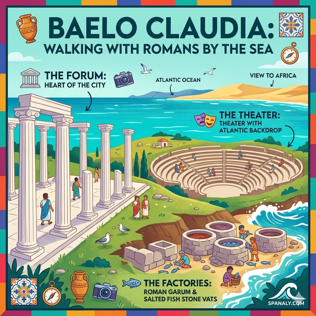 A vibrant infographic of Baelo Claudia Roman ruins in Tarifa, showing the ancient forum columns, the seaside theater, and the historic Garum fish salting factories by the Atlantic.
