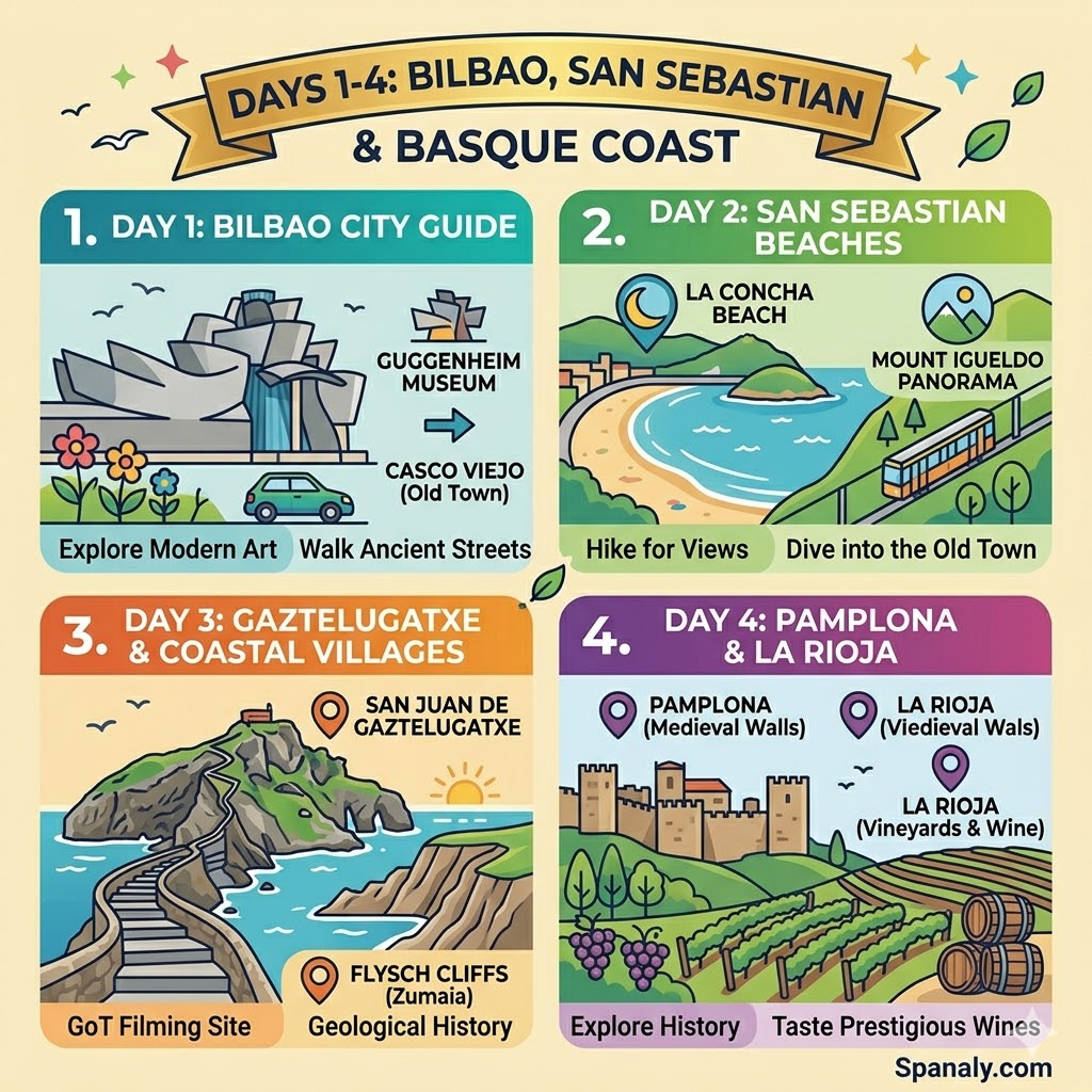 A colorful infographic illustrating a 4-day Northern Spain road trip itinerary across Bilbao, San Sebastian, the Basque Coast, and La Rioja with key attractions and activities on a cream background.