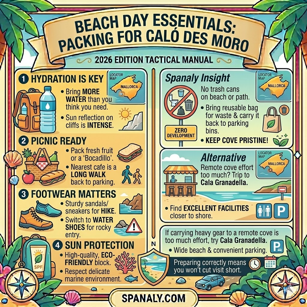 Packing checklist for Caló des Moro beach in Mallorca featuring hydration tips, picnic essentials like Bocadillos, sturdy footwear for rocky hikes, and eco-friendly sun protection.