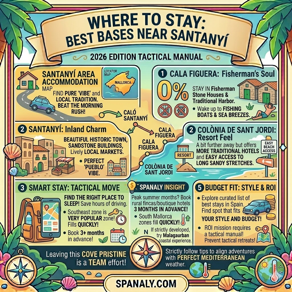 Infographic showing the best places to stay near Caló des Moro, including Santanyí for inland charm, Cala Figuera for fisherman vibes, and Colònia de Sant Jordi for a resort feel.