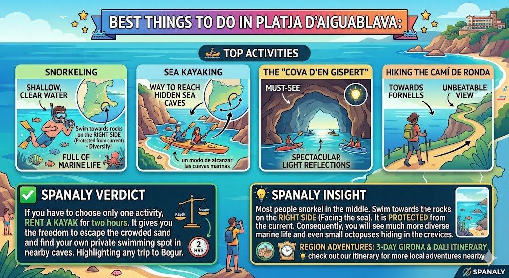 Infographic showing the best things to do in Aiguablava including snorkeling tips, sea kayaking to Cova den Gispert, and hiking the Cami de Ronda.