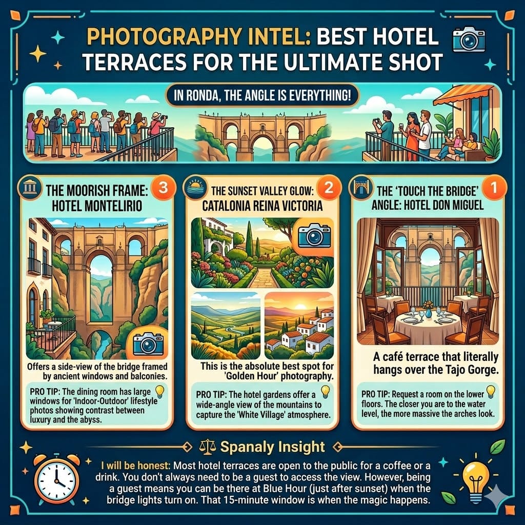 Infographic guide to the best hotel terraces in Ronda for photography, featuring Hotel Don Miguel, Catalonia Reina Victoria, and Hotel Montelirio with pro tips for capturing the Puente Nuevo bridge.