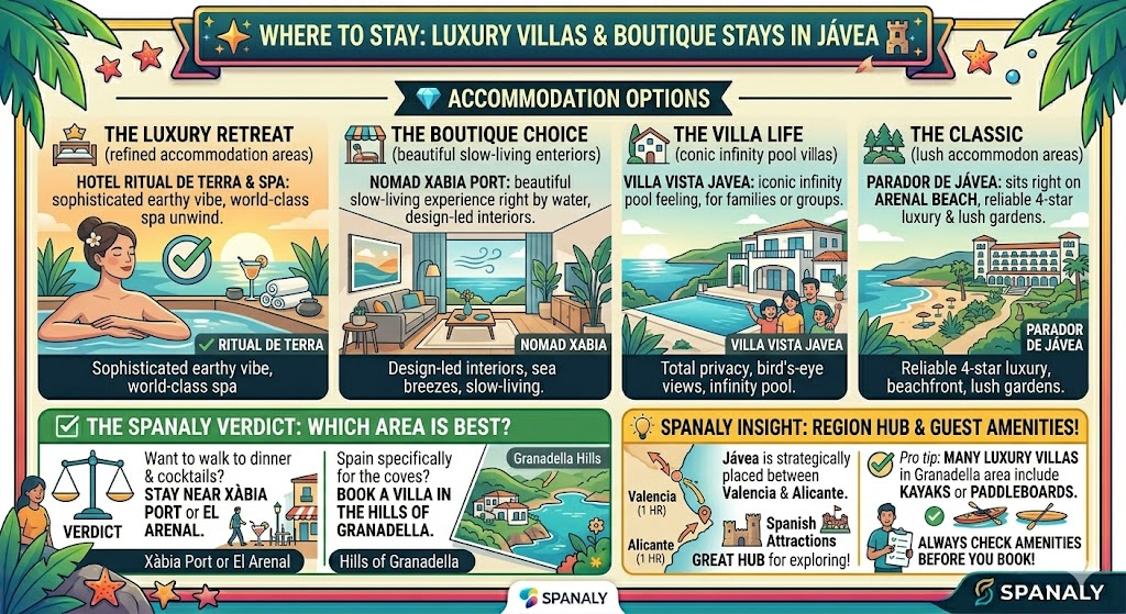 A vibrant 1024x1024 infographic guide to staying in Javea featuring Hotel Ritual de Terra, Nomad Xabia Port, and luxury villas in the Granadella hills.