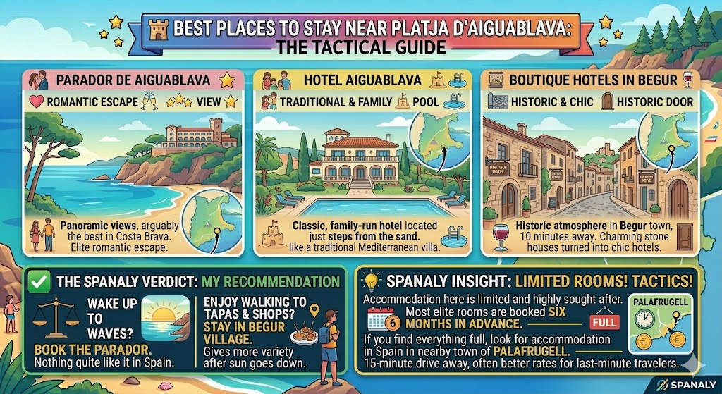 A premium infographic guide to the best places to stay near Aiguablava featuring Parador de Aiguablava, Hotel Aiguablava, and boutique hotels in Begur town.