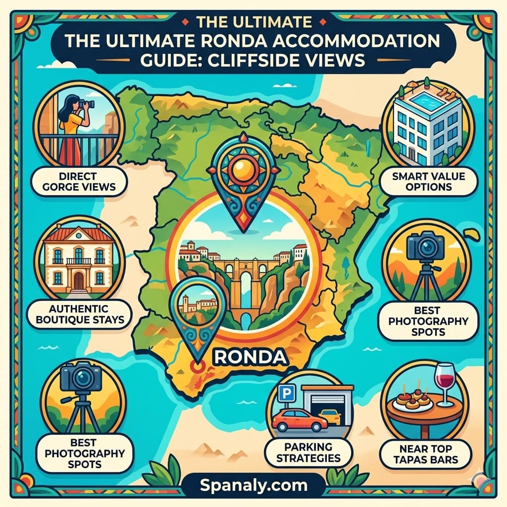 A vibrant epic infographic map of Spain, highlighting Ronda with icons for best cliffside hotels, direct gorge views, photography spots, and parking strategies.