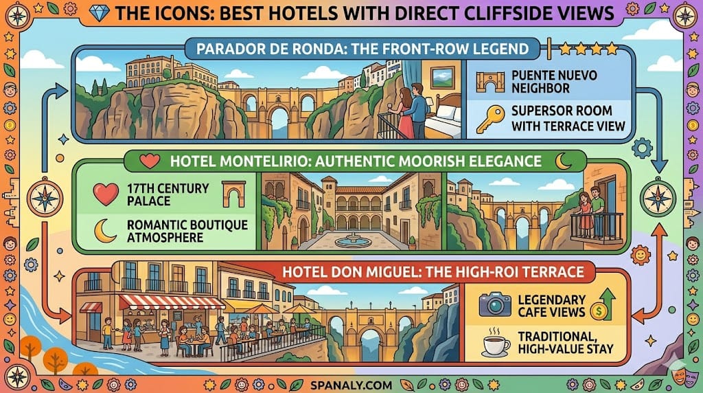 An infographic comparing the three iconic cliffside hotels in Ronda, highlighting Parador de Ronda for luxury views, Hotel Montelirio for romance, and Hotel Don Miguel for high-value photography spots.