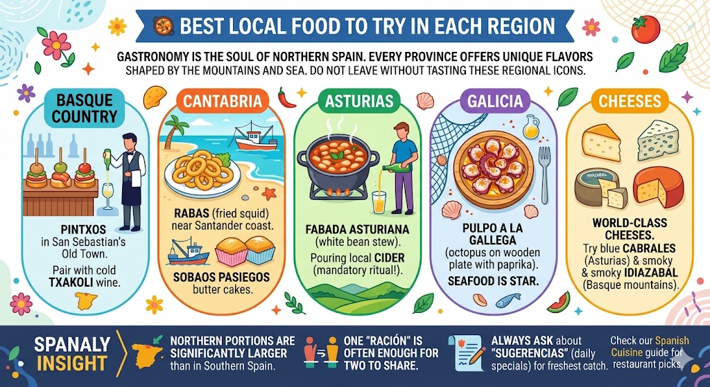 Infographic of the best local food to try in Northern Spain regions including Basque Country Pintxos, Asturias Fabada, and Galicia Pulpo a la Gallega.