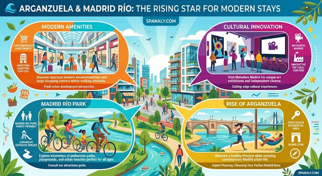 Vibrant infographic of Arganzuela Madrid featuring Madrid Río park, riverside cycling, Matadero cultural center, and modern residential shopping areas.