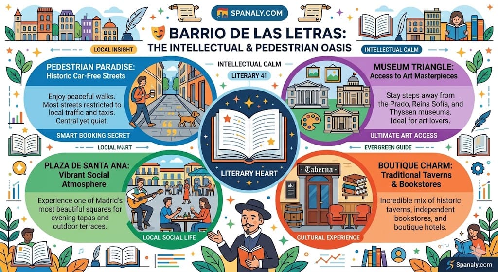 Vibrant infographic of Barrio de las Letras Madrid highlighting pedestrian streets with gold quotes, Plaza de Santa Ana, the Golden Triangle of Art museums, and historic literary bookstores.