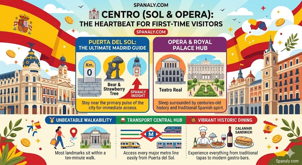 Vibrant infographic showing Centro Madrid highlights including Puerta del Sol, Opera, and Royal Palace for first-time visitors.