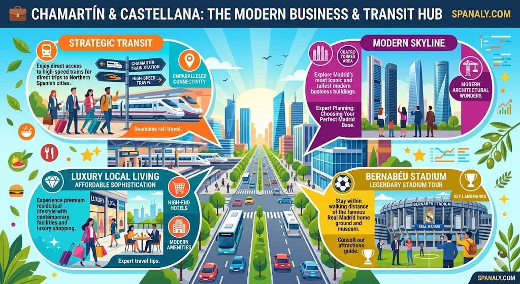 Colorful infographic of Chamartín and Castellana Madrid highlighting the high-speed train station, modern skyscrapers, Bernabéu stadium, and business district landmarks.