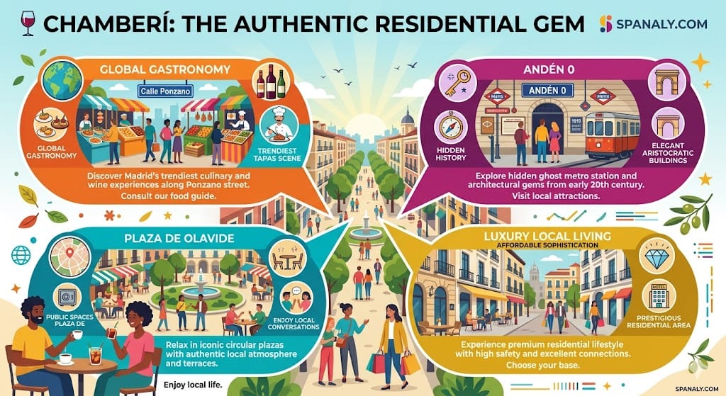 Vibrant infographic of Chamberí Madrid featuring Ponzano street tapas, Plaza de Olavide terraces, and the historic Andén 0 ghost station.