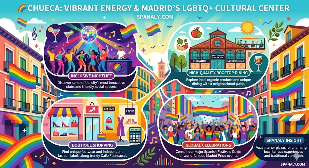 Colorful infographic of Chueca Madrid highlighting LGBTQ+ culture, vibrant nightlife, Mercado de San Antón, and boutique shopping on Calle Fuencarral.