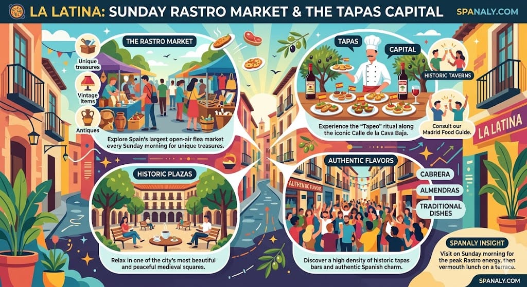 Infographic of La Latina Madrid featuring El Rastro market, traditional tapas on Cava Baja, and historic medieval plazas.