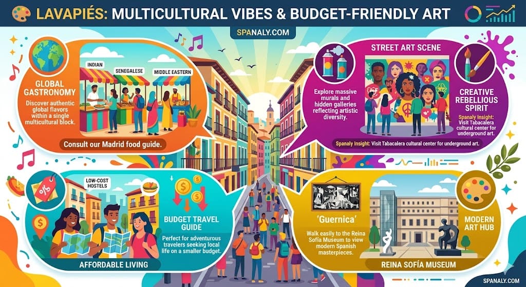 Colorful infographic of Lavapiés Madrid highlighting multicultural vibes, global gastronomy street stalls, street art scene, Reina Sofía museum, and budget travel tips.