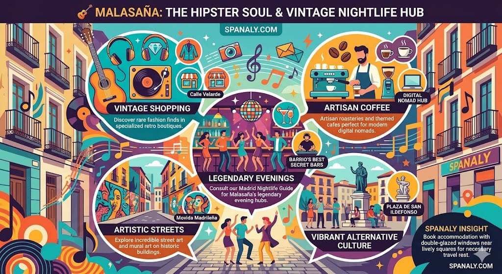 Colorful infographic of Malasaña Madrid highlighting hipster culture, vintage shopping on Calle Velarde, street art, and legendary nightlife.