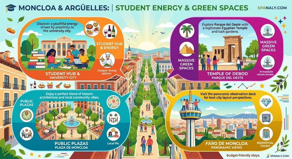 Vibrant infographic of Moncloa and Argüelles Madrid featuring Temple of Debod, Faro de Moncloa views, student hubs, and lush green parks.