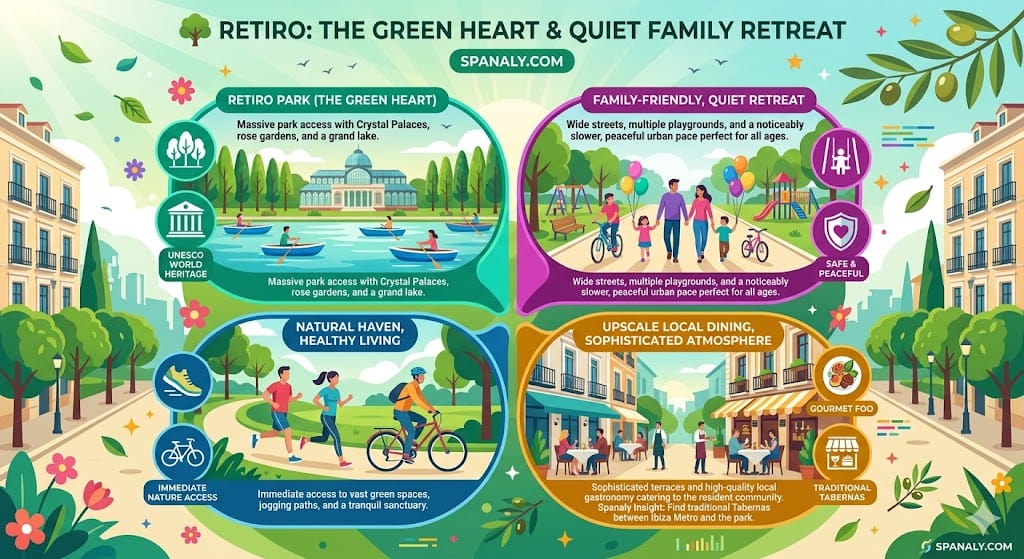 Colorful infographic of Retiro Madrid highlighting the park, family-friendly activities like rowing on the lake, Crystal Palace, jogging, and local dining.