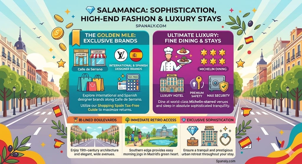 Luxury infographic of Salamanca Madrid featuring high-end shopping on Calle de Serrano and Michelin-starred dining tips.