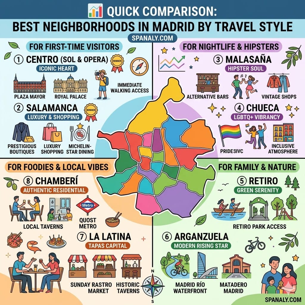 A comprehensive comparison infographic of the best neighborhoods in Madrid featuring a central map and categorical recommendations for families, luxury shoppers, first-time visitors, and foodies.