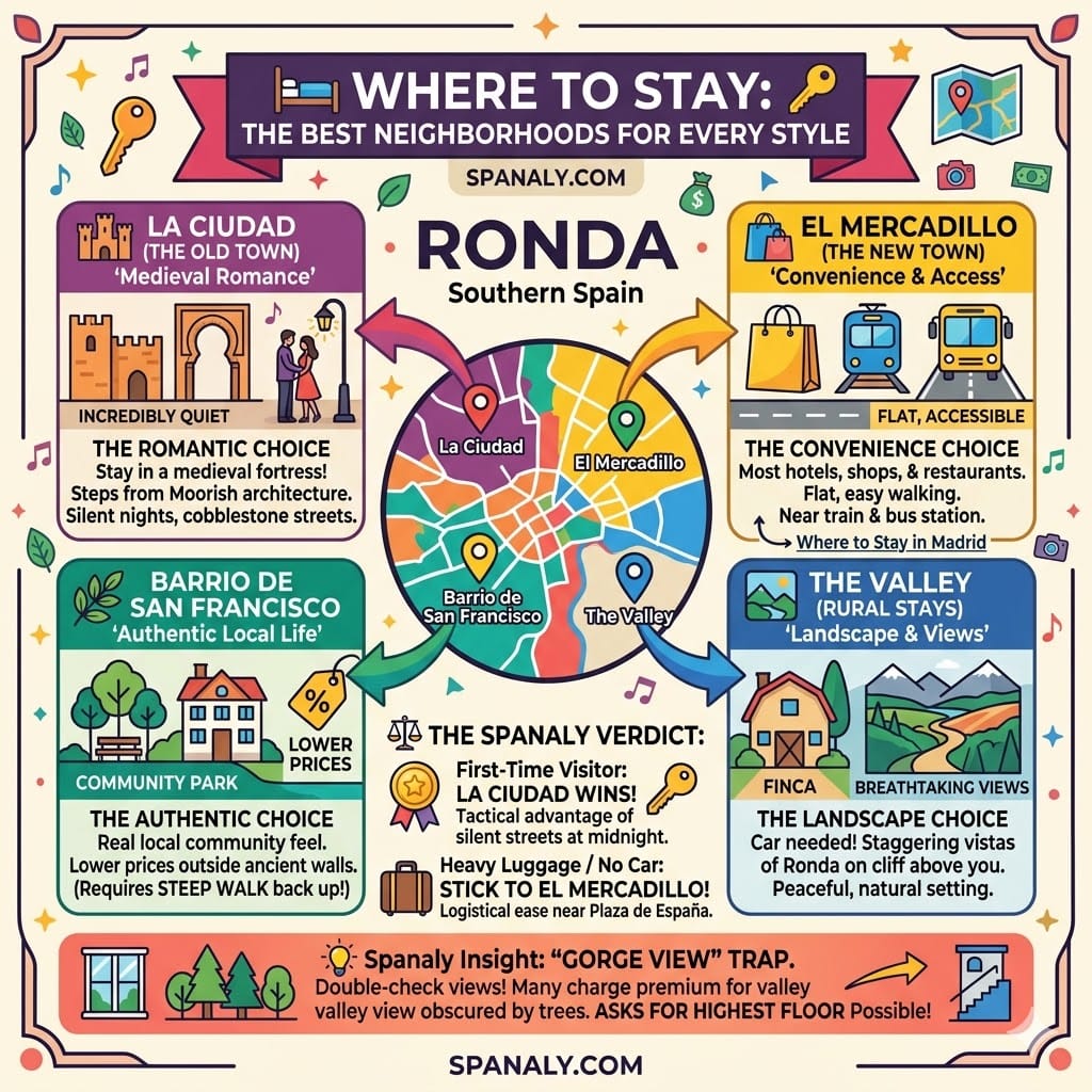A neighborhood map infographic of Ronda, Spain, comparing La Ciudad, El Mercadillo, Barrio de San Francisco, and the Valley for different traveler styles and budgets.