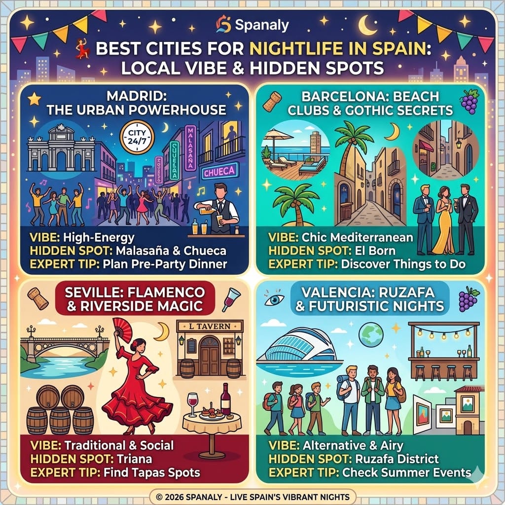 A colorful infographic titled Best Cities for Nightlife in Spain featuring Madrid's urban energy, Barcelona's beach clubs, Seville's flamenco in Triana, and Valencia's alternative Ruzafa vibes with expert travel tips.