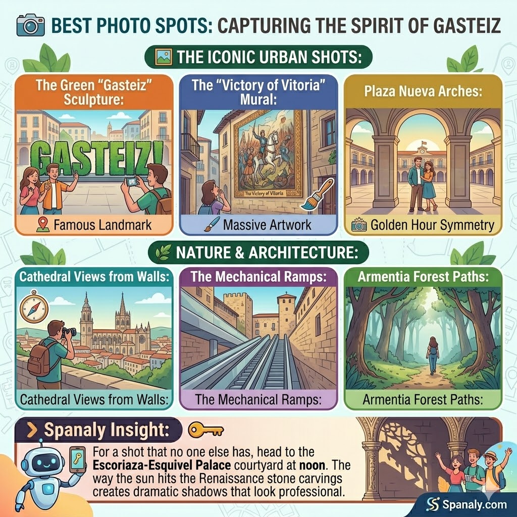 Infographic of Vitoria-Gasteiz best photo spots including Gasteiz sculpture, murals, Plaza Nueva, and cathedral views.