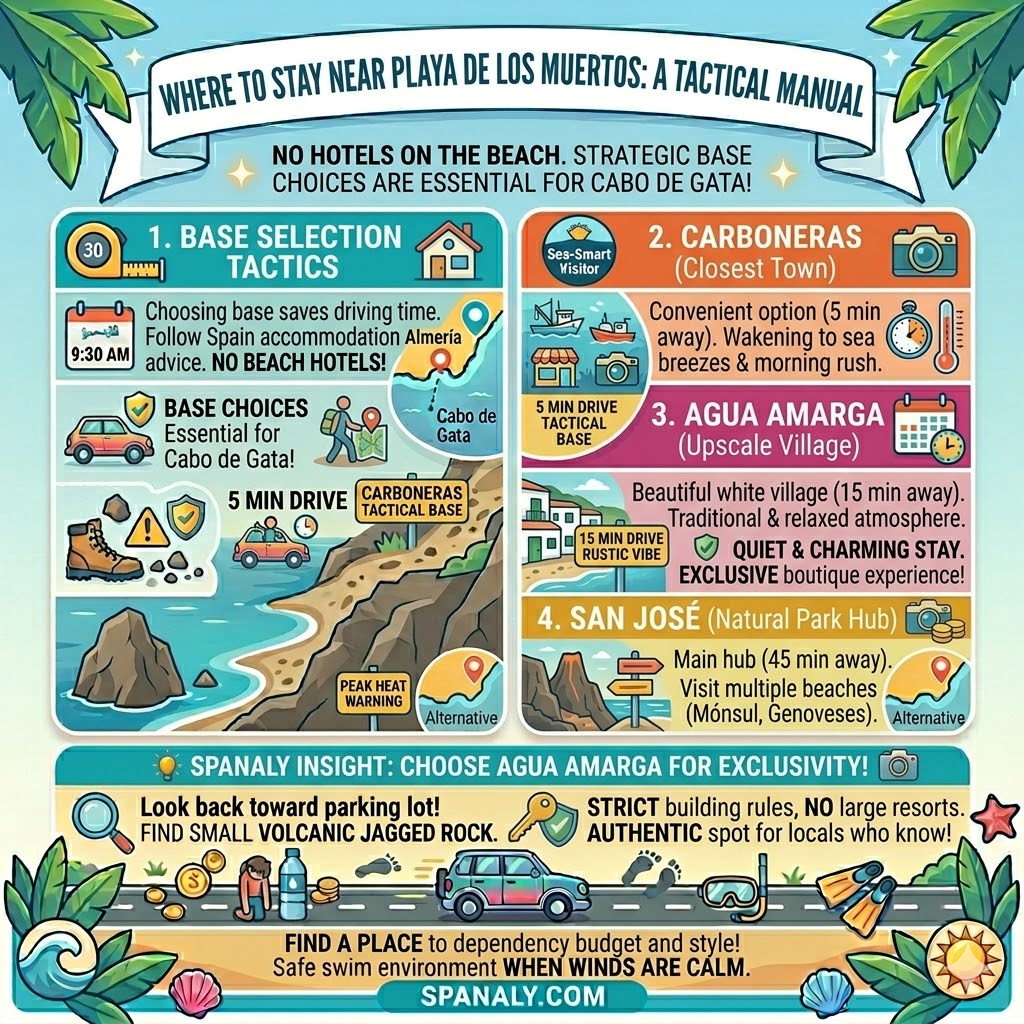 Accommodation guide for Playa de los Muertos, Almería, comparing stays in Carboneras for convenience, Agua Amarga for a boutique experience, and San José as a hub for Cabo de Gata.