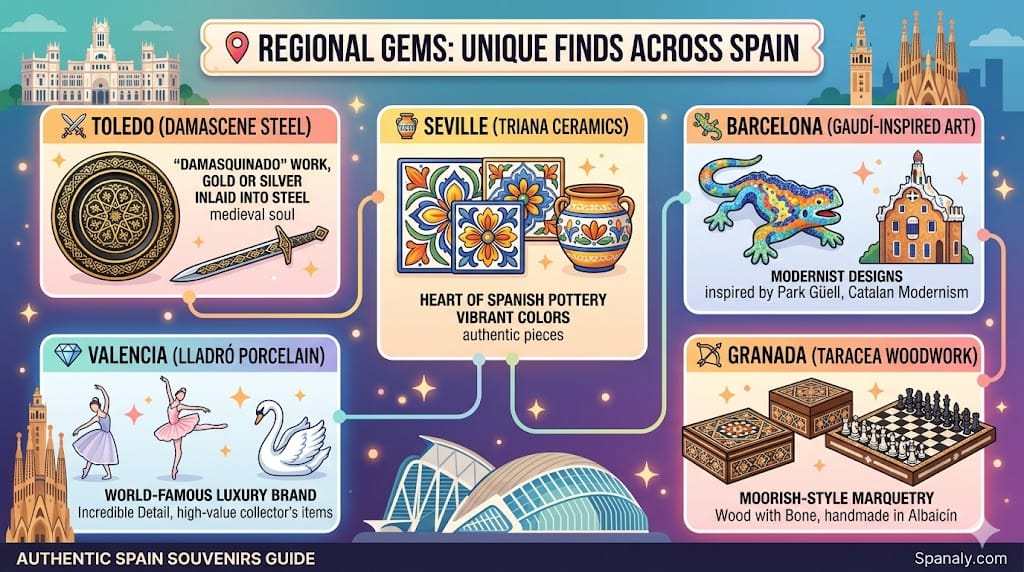 A horizontal infographic showing unique regional souvenirs from Spain including Toledo steel, Seville ceramics, Barcelona Gaudí art, Valencia porcelain, and Granada woodwork.