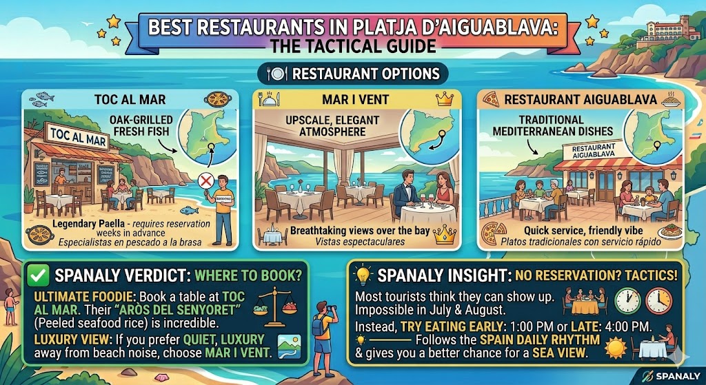 Infographic comparing top restaurants in Aiguablava including Toc al Mar for grilled fish and Mar i Vent for luxury views with reservation tips.