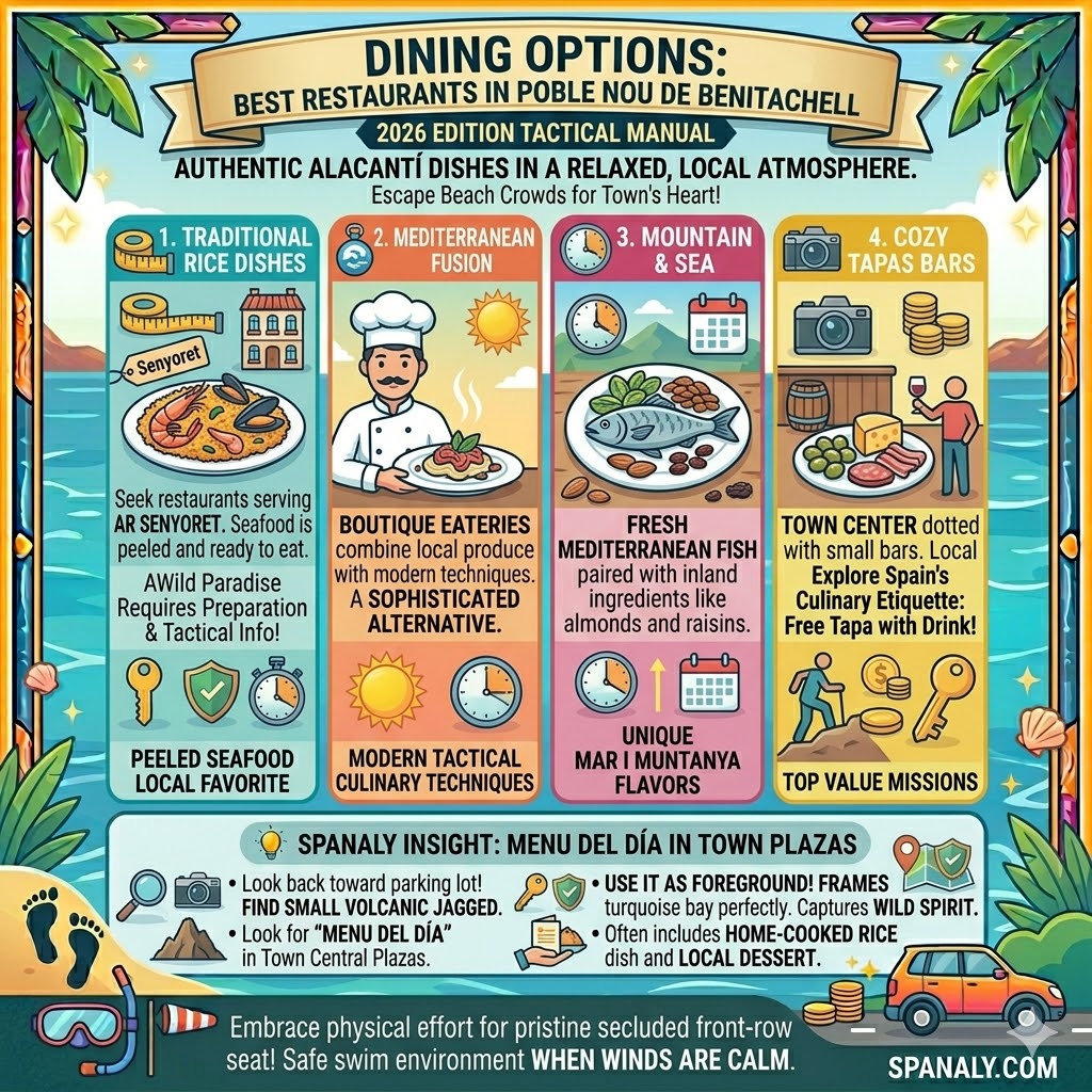 Dining guide for Poble Nou de Benitachell near Cala del Moraig, featuring traditional Arroz del Senyoret, Mediterranean fusion cuisine, Mar i Muntanya seafood dishes, and local tapas bars.