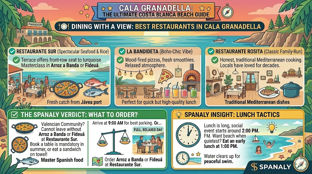 An infographic guide to the best restaurants in Cala Granadella featuring Restaurante Sur, La Bandideta, and Restaurante Rosita with tips on traditional rice dishes.