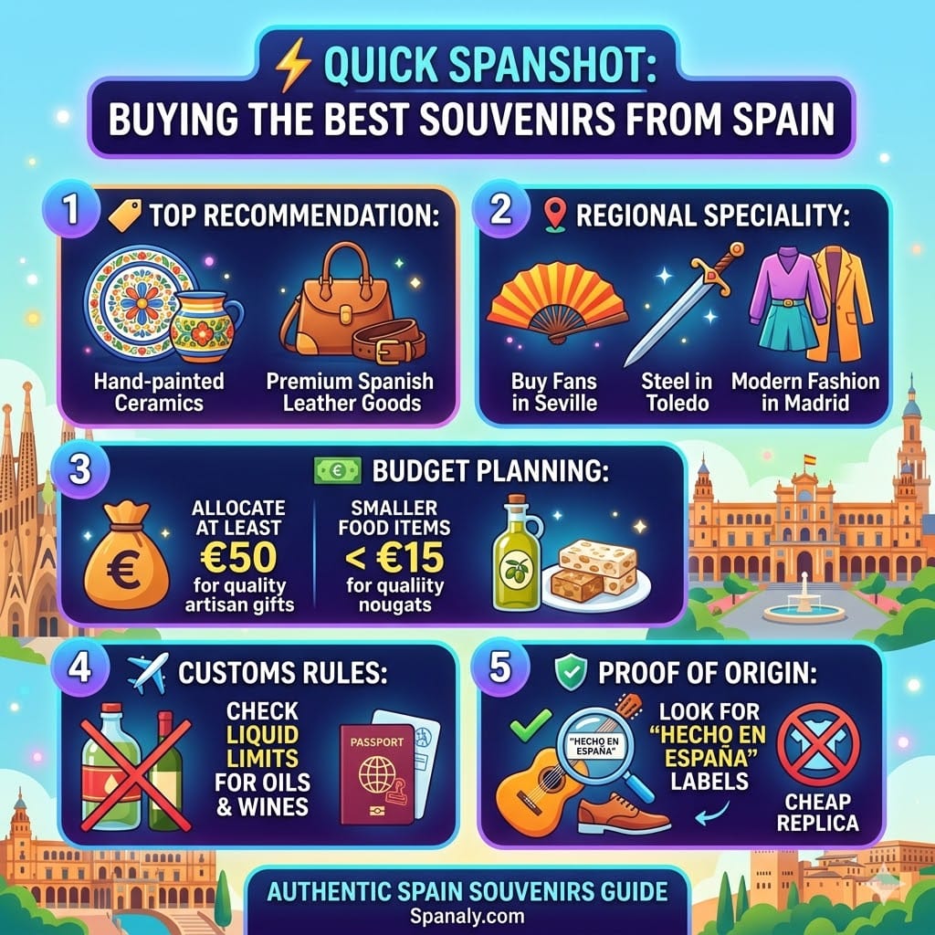 A colorful infographic guide for the best souvenirs to buy from Spain, featuring Spanish leather, Seville fans, Toledo steel, and artisan ceramics with expert shopping and budget tips.