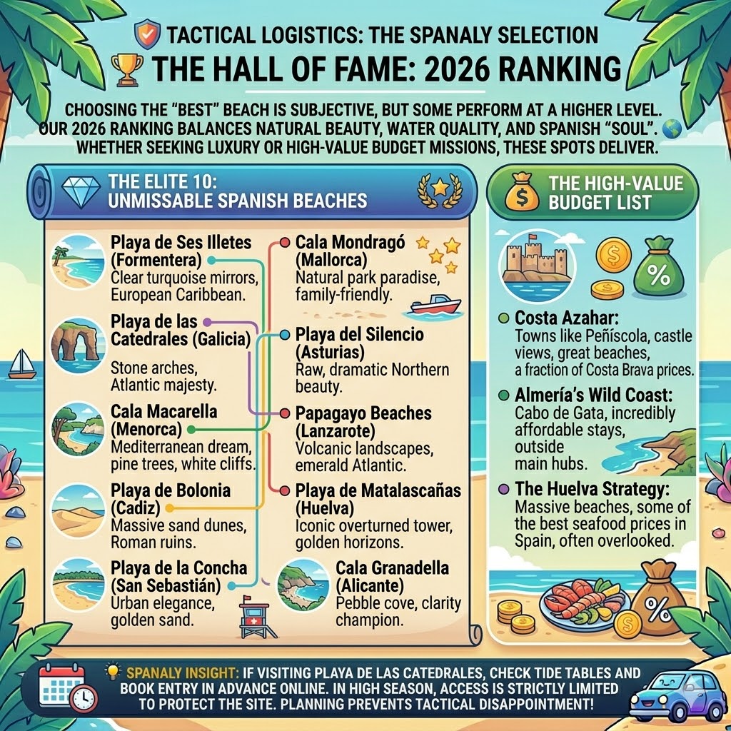 Infographic of the best beaches in Spain for 2026, featuring the Elite 10 selection including Ses Illetes and Las Catedrales, plus high-value budget coastal destinations.
