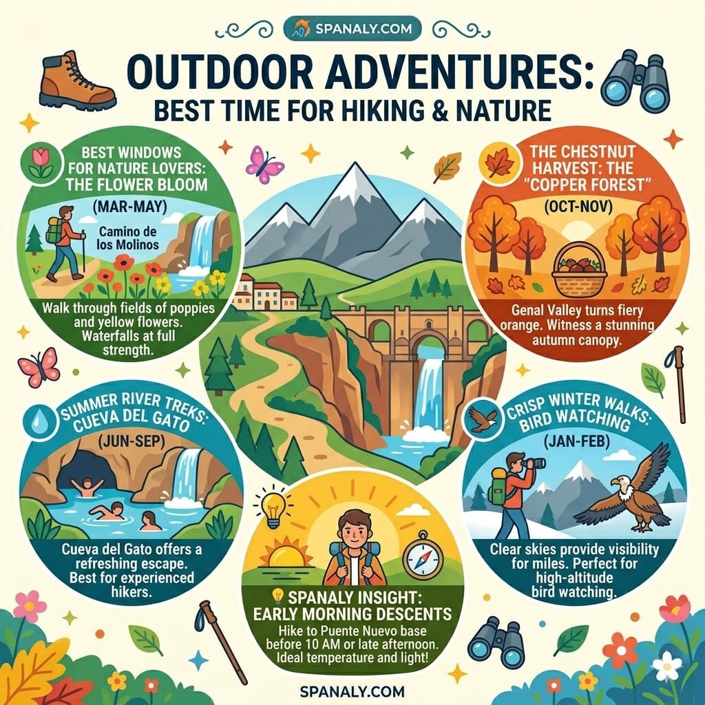 Colorful 1024x1024 infographic about outdoor adventures in Ronda featuring hiking the Tajo Gorge, Genal Valley's copper forest, river treks at Cueva del Gato, and mountain bird watching.