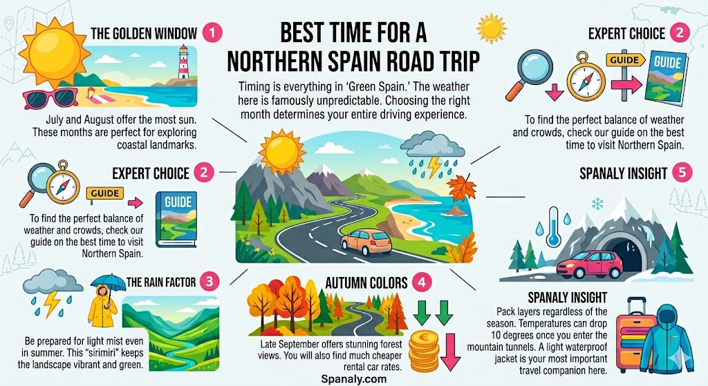 Infographic guide for the best time to visit Northern Spain for a road trip, featuring seasonal tips for weather, costs, and Spanaly expert insights.