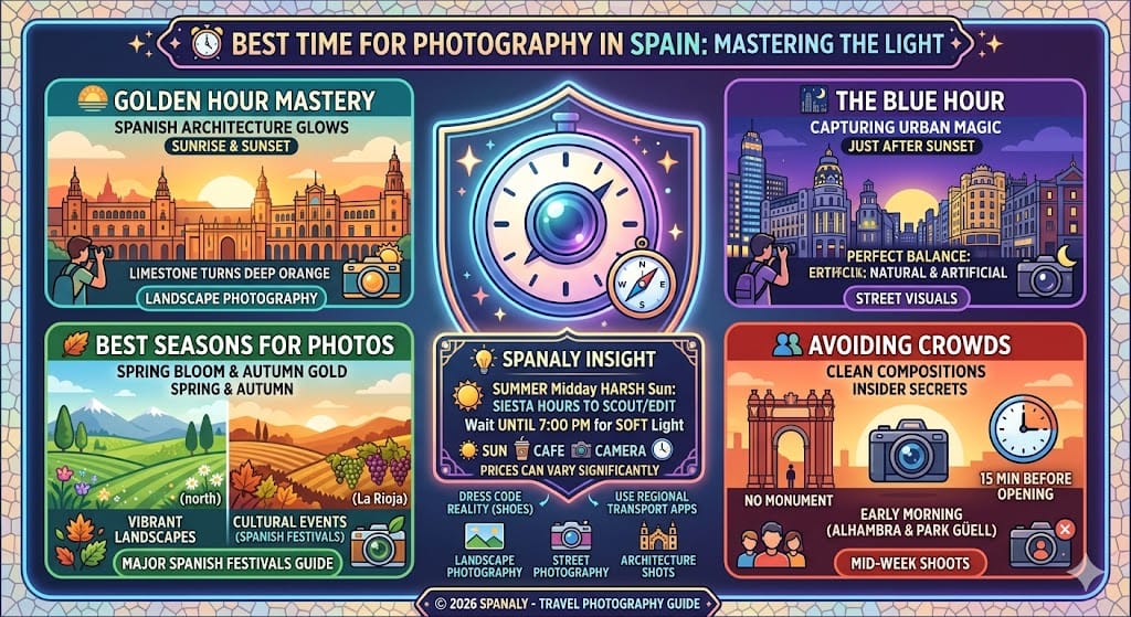 Colorful infographic highlighting the best times for photography in Spain including golden hour, blue hour, spring, and autumn. It features illustrated tips for capturing architecture, urban street visuals, and landscape scenery while mastering the Mediterranean light.