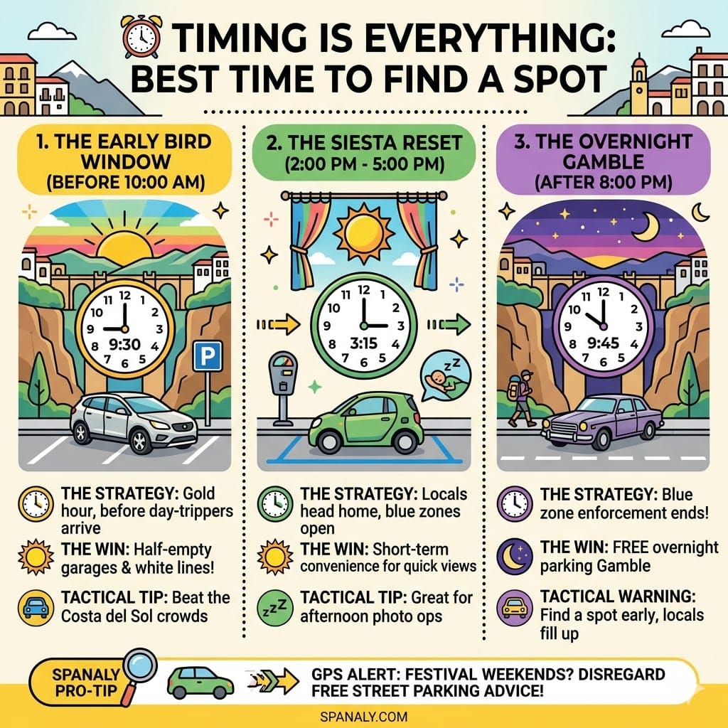 A colorful infographic showing the best times to find parking in Ronda during the early bird window, siesta reset, and overnight.
