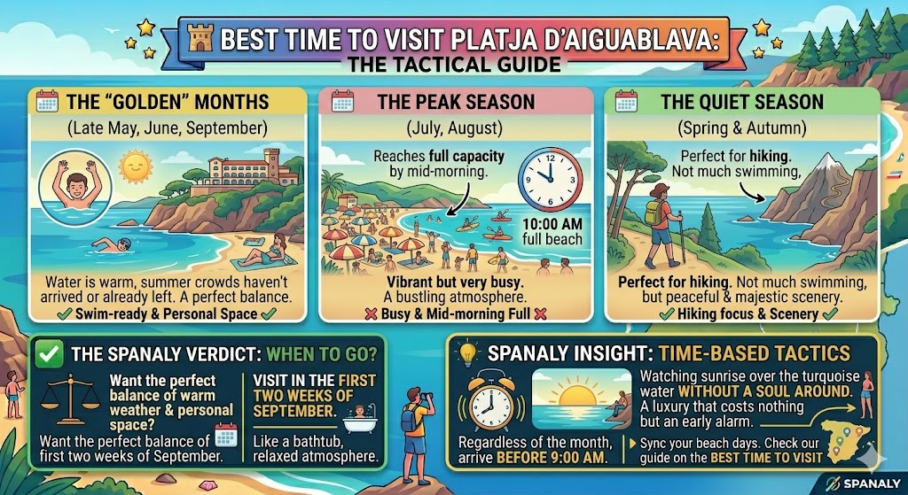 A colorful infographic showing the best months and hours to visit Aiguablava beach, comparing peak season crowds with the golden months of June and September.
