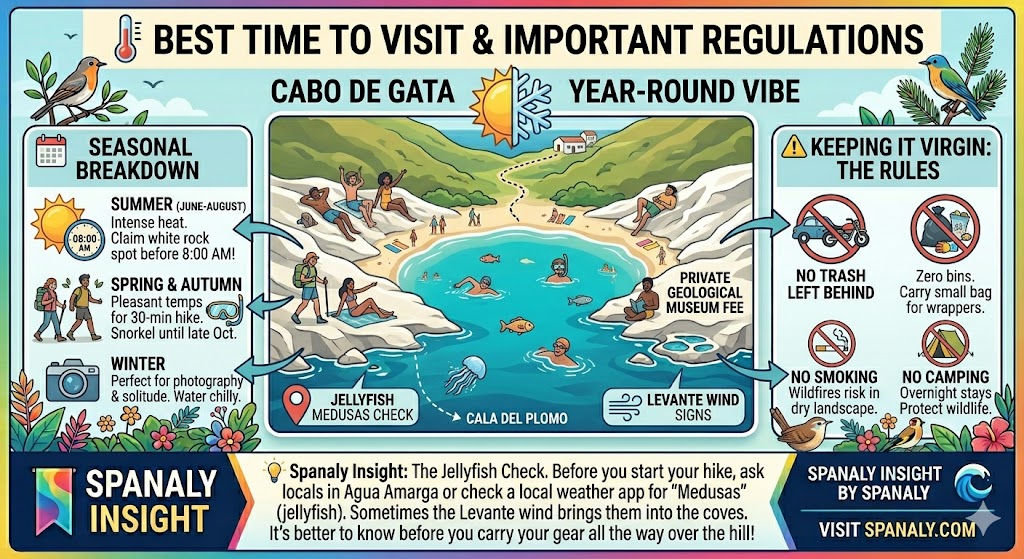 Infographic for Cala de Enmedio showing the best time to visit by season, UNESCO biosphere regulations, and jellyfish safety tips for Almeria.