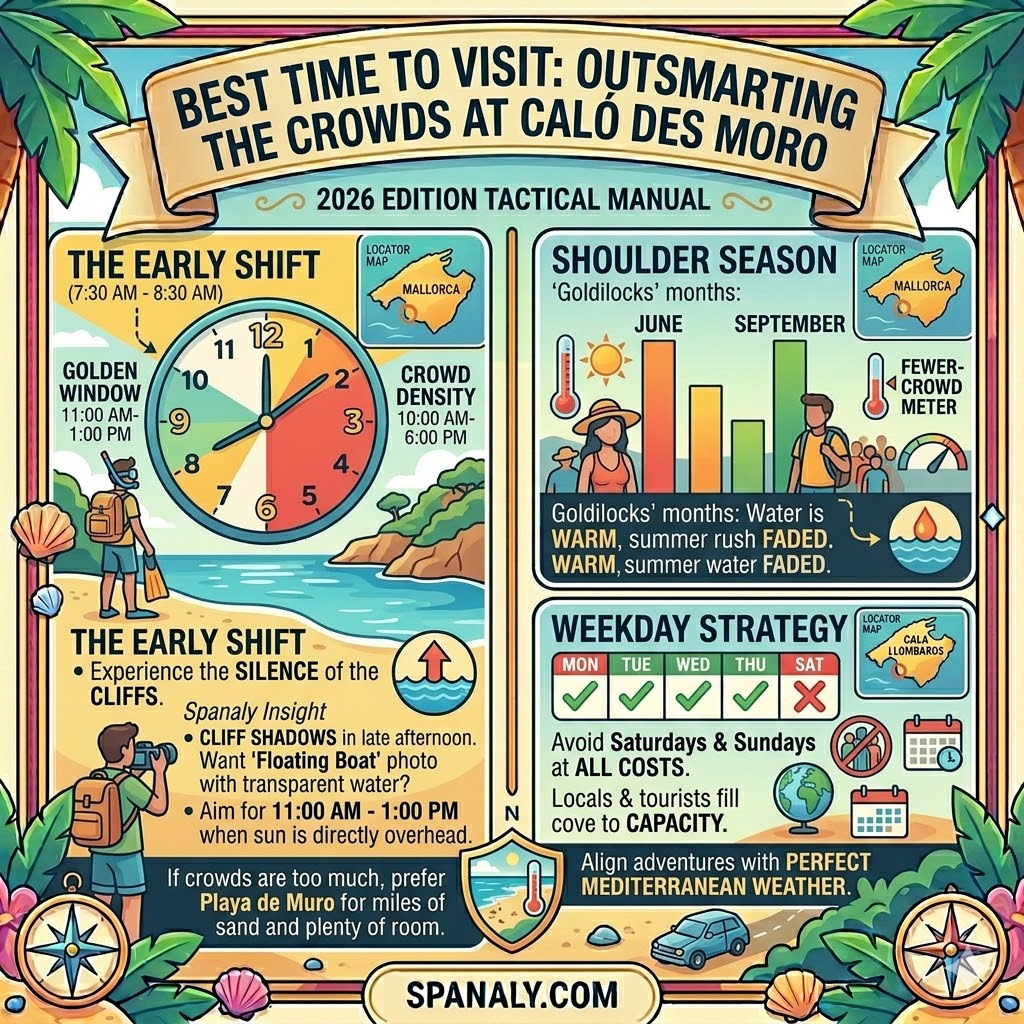 Infographic showing the best time to visit Caló des Moro in Mallorca, highlighting the early shift (7:30 AM), shoulder season (June/September), and the weekday strategy to avoid crowds.