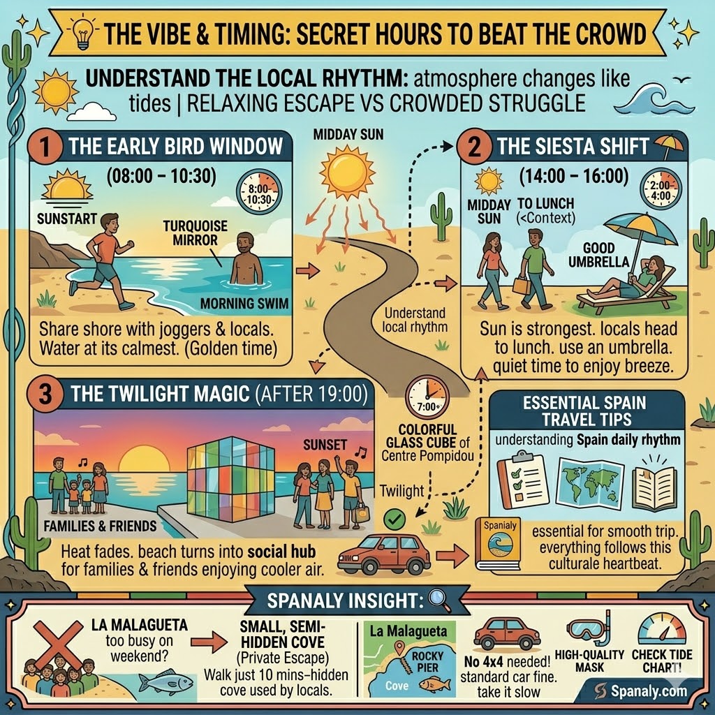 An infographic showing the best times to visit Playa de la Malagueta, including the early bird window for morning swims, the quiet siesta shift, and the social twilight magic after 19:00.