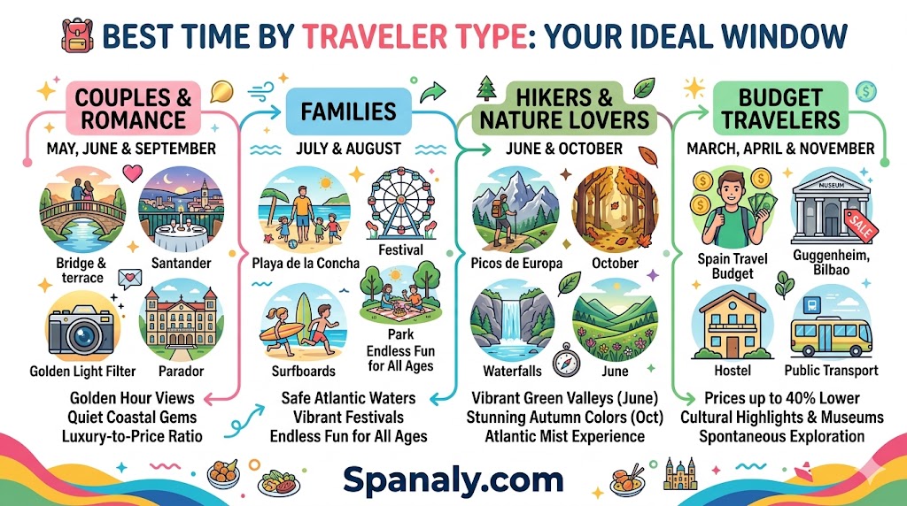 Infographic guide to the best time to visit Northern Spain for couples, families, hikers, and budget travelers, highlighting seasonal advantages and tips.