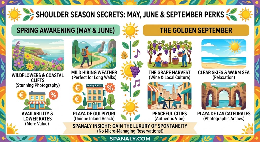 Infographic guide to visiting Northern Spain in May, June, and September highlighting spring flowers and autumn harvests.
