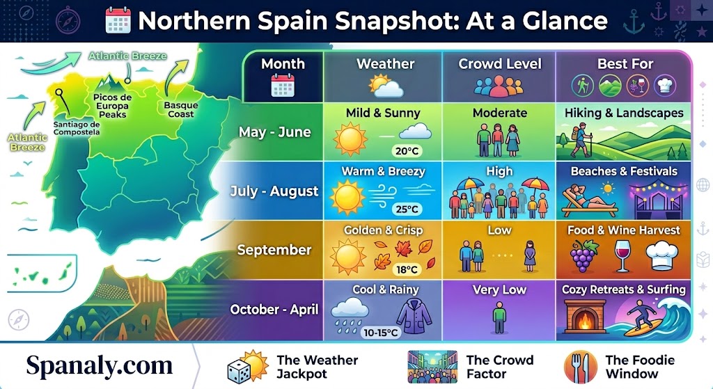 Infographic showing the best time to visit Northern Spain with a monthly weather and crowd level table