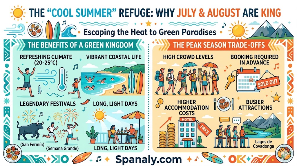 Infographic showing the benefits and trade-offs of visiting Northern Spain in July and August